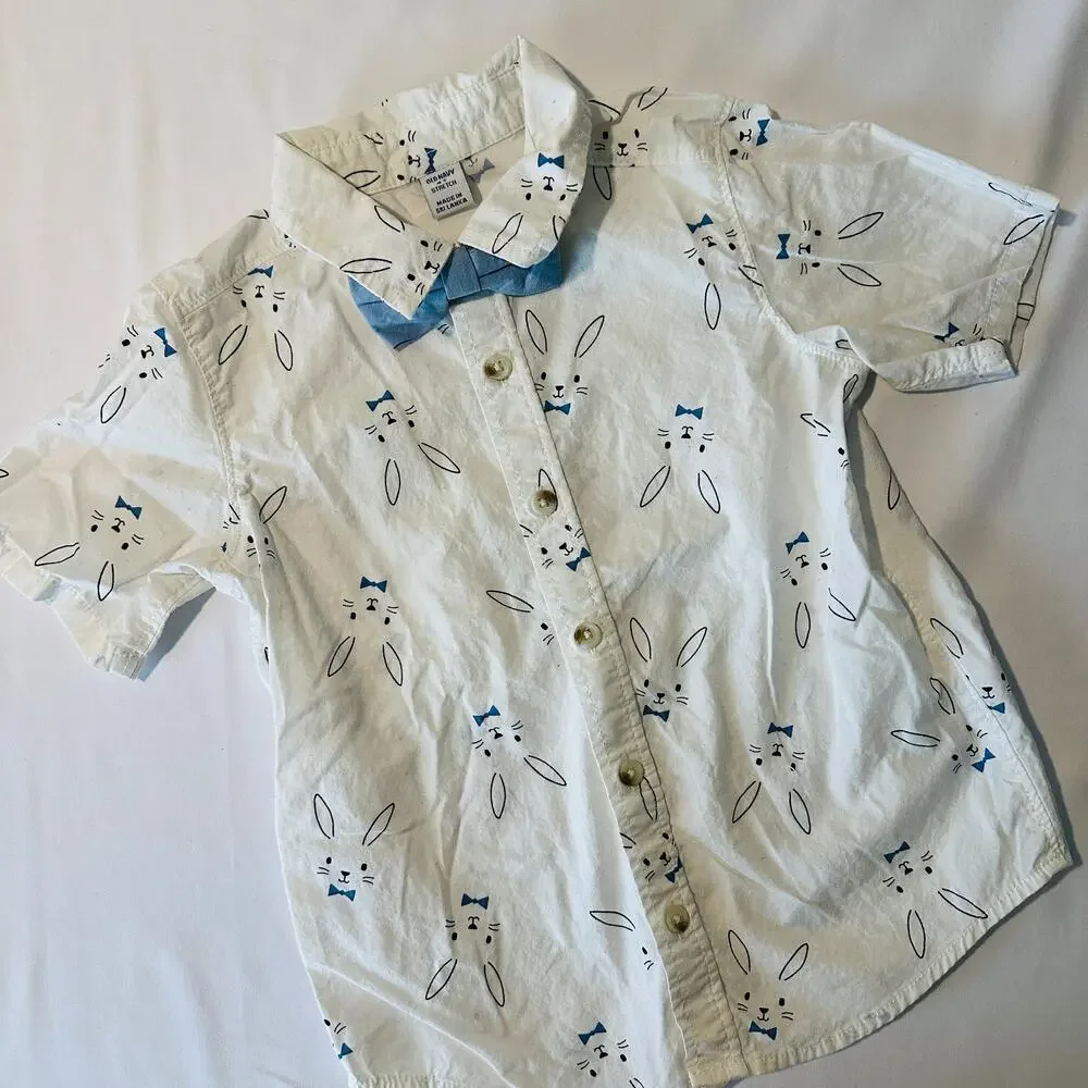 Old Navy Easter Bunny Print Spring Short Button Down Top w/ Bow Tie Set Sz 4T